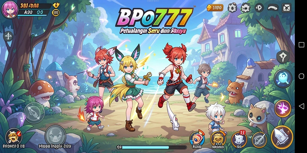 Tampilan gameplay BPO777 yang menampilkan karakter anime beraksi.