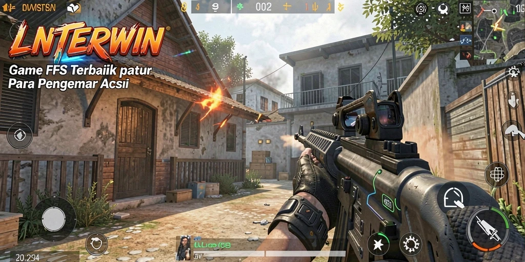 Tangkapan layar gameplay LNTERWIN dengan aksi tembak-menembak intens.