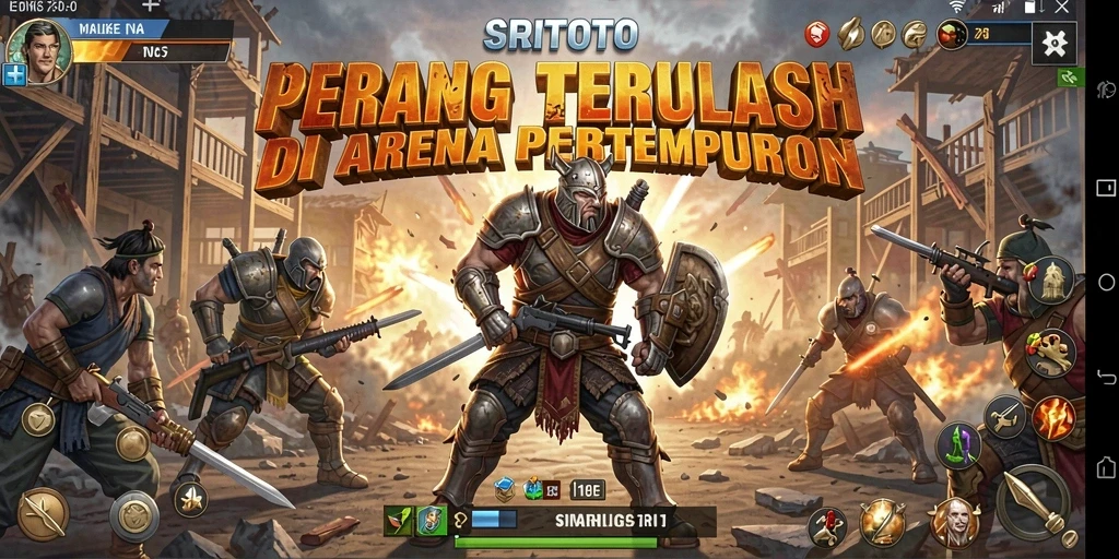 Screenshot gameplay SRITOTO menampilkan aksi intens di arena pertempuran.