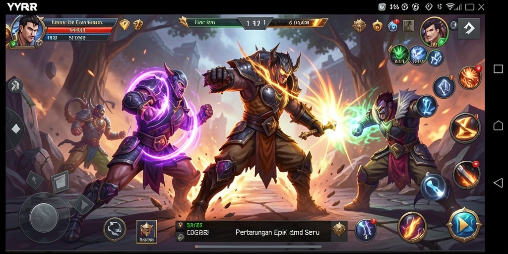Screenshot utama YYRR menampilkan pertarungan seru dengan karakter yang dinamis.